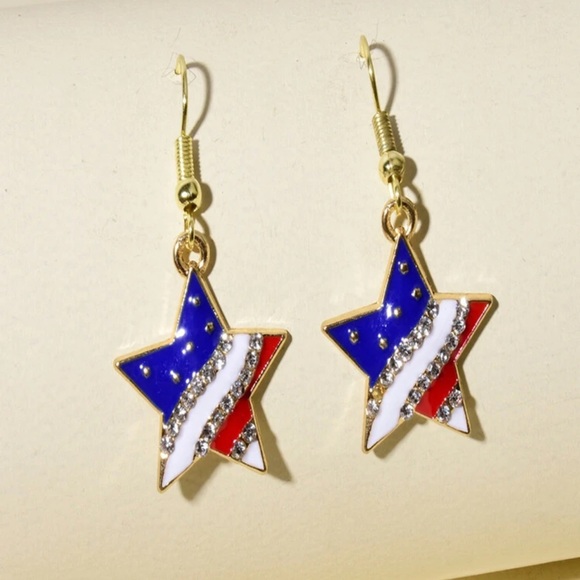 🇺🇸 Awesome Patriotic Rhinestone USA American Flag Star Drop Earrings 🇺🇸 - Picture 2 of 3